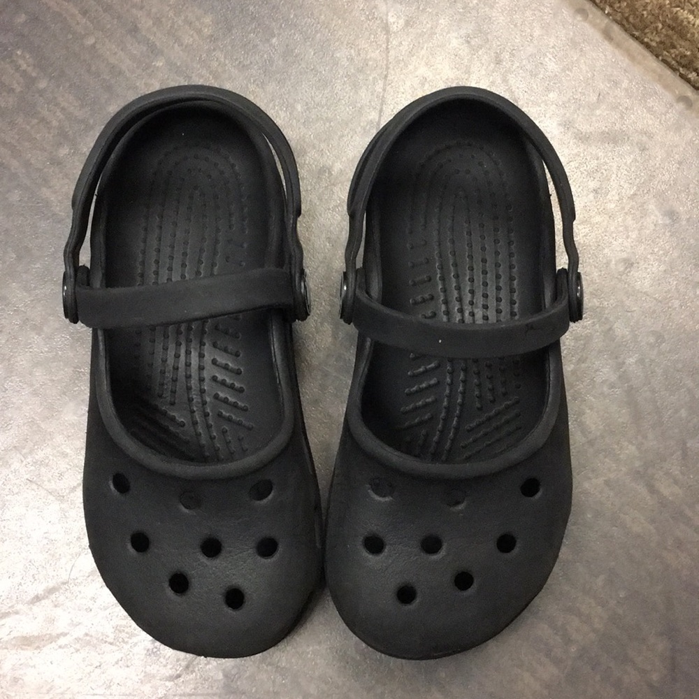 Girls black crocs, 10/11,  Mary Jane style.